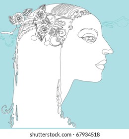 female head with flower branch linear drawing vector