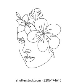 Cabeza femenina con flores de arte lineal elegante