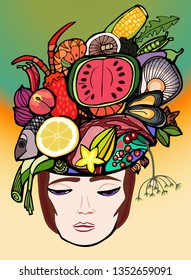 Female head with fruits, vegetables, seafood and other food. In color. Abstraction. For kitchen design