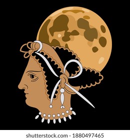 Female head with full moon in her hair. Fantastic character. Antique goddess. Nyx or Selene.
