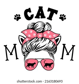 Female head with glasses, bandana, messy bun and a quote: cat mom. Funy illustration. Vector design for cat lovers.