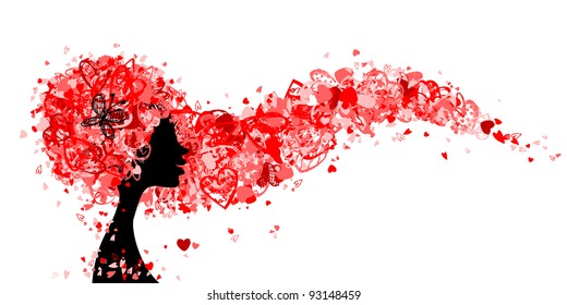 Female head with hairstyle made from tiny hearts for your design