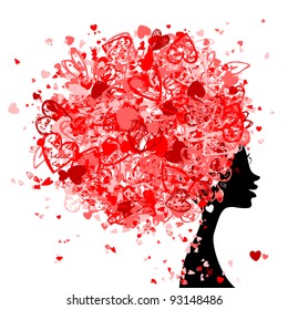 Female head with hairstyle made from tiny hearts for your design
