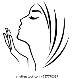 Female head and hand abstract simple outline, stylized vector design element isolated on the white background