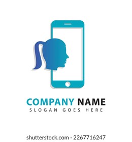 Female head and handphone logo design template. Communication icon via cell phone. For communication, work.