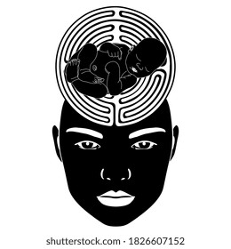 Female head with her brain as maze cradling newborn baby. Creative concept. Black and white silhouette.