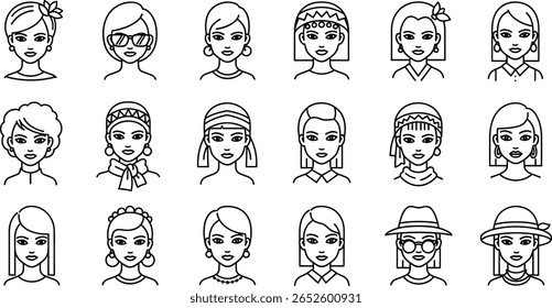 Conjunto de ícones da linha de cabeçalho fêmea. Pictogramas vetoriais de senhora de beleza, óculos de sol, brincos, étnico, cachecol, chapéu, expressão, elegante, mulher jovem, moderno, fino linear