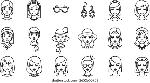 Conjunto de ícones da linha de cabeçalho fêmea. Pictogramas vetoriais de senhora de beleza, óculos de sol, brincos, étnico, cachecol, chapéu, expressão, elegante, mulher jovem, moderno, fino linear