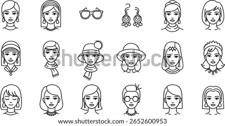 Female head line icon set. Vector pictograms of beauty lady, sunglasses, earrings, ethnic, scarf, hat, expression, elegant, youth woman, modern, thin linear