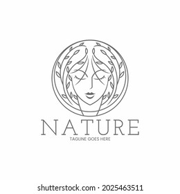 female head logo in circle. with simple plant silhouette vector illustration for logo or mascot icon