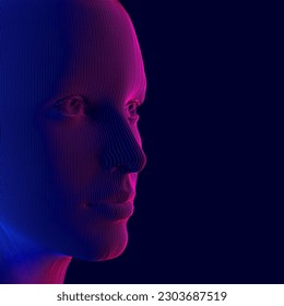 Cabeza femenina hecha con puntos. Ilustración vectorial conceptual de Ai. Inteligencia artificial tomando forma humana. Luces de color neón en la cara humanoide.