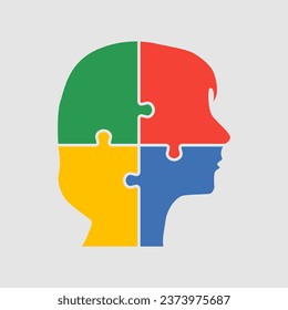 Female head made from four puzzle pieces. Template for infographic, diagram, process. Woman head divided into many parts. 4 jigsaw puzzles in mind, strategy, education. Silhouette face for psychology