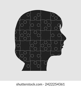 Female head made from puzzle pieces. Template for infographic, diagram, process. Woman head divided into many parts. Jigsaw puzzles in mind, strategy, education. Silhouette face for psychology