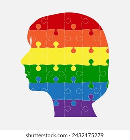 Female head made from puzzle pieces. Sign LGBT silhouette. Template for infographic, diagram, process. Woman head divided into many parts. Jigsaw puzzles in lesbian, gay, bisexual, transgender