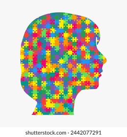 Female head made from puzzle pieces. Template for infographic, diagram, process. Woman head divided into many parts. Jigsaw puzzles in mind, strategy, education. Silhouette face for psychology