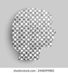 Female head made from puzzle pieces. Template for infographic, diagram, process. Woman head divided into many parts. Jigsaw puzzles in mind, strategy, chess, chessboard. Silhouette face for psychology
