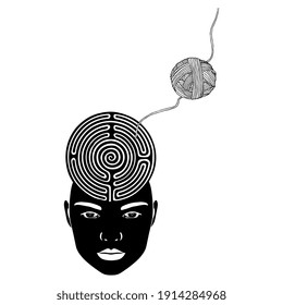 Female head with maze or labyrinth as her brain and a yarn thread leading to it. Ariadne. Creative concept. Ancient Greek mythology. Path to female mind. Black and white silhouette.