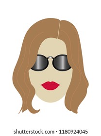Female head modern shoulder length dark blond hairstyle and black sunglasses. Flat vector icon or template for glasses advertisement on transparent background.