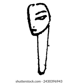 Female head on long neck. Hand drawn linear doodle rough sketch. Black and white silhouette.