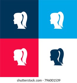Female head with ponytail four color material and minimal icon logo set in red and blue