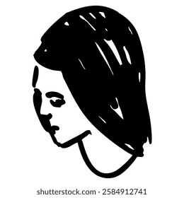 Female head. Portrait of a brunette woman. Hand drawn linear doodle rough sketch. Black and white silhouette.