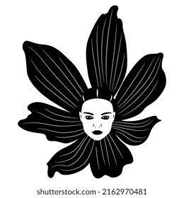Female head as a pretty flower. Creative beauty concept. Fantastic floral design. Black and white silhouette.