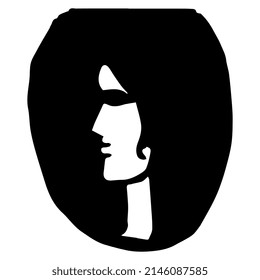 Female head in profile. Black and white high contrast silhouette. Face of a pretty woman in oval shape. Hand drawn sketch.