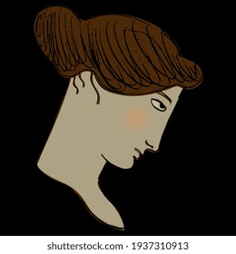 Female head in profile. Portrait of a beautiful young woman. Hand drawn art. On black background.