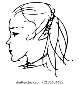 Female head in profile. Portrait of a young pretty girl. Hand drawn linear doodle sketch. Black and white ink silhouette. Isolated vector illustration.