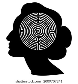 Female head in profile with round spiral maze or labyrinth symbol as her brain. Creative concept for mystery of female consciousness. Black and white silhouette.