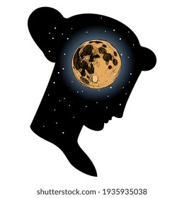 Female head in profile as starry night with full moon as her mind. Creative concept for Lunar feminine energy and imagination. Goddess Nyx or Selene.