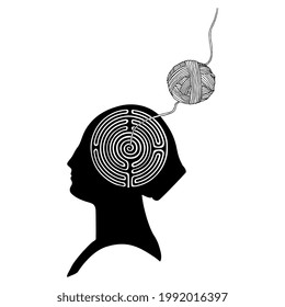 Female head with round spiral maze or labyrinth symbol as her brain and yarn ball. Ariadnes thread. Creative concept. Mystery of human mind and consciousness. Black and white silhouette. 