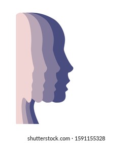 Female head silhouette changing color from skin to purple. Beauty or mental, personality disorder concept. Female profile with skin color. Vector illustration