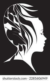 Female head silhouette in clean lines, black and white, adorned with geometric ornaments. A perfect blend of simplicity and sophistication, adding a touch of elegance to any creative project. Versatil