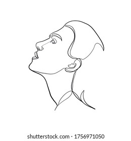 Silueta de cabeza femenina dibujada en una línea continua. Logo de glamour lineal en diseño mínimo para estilista de cabello, maquillador, salón de belleza y cosmetología. Hermosa cara de mujer. Niña mínima retrato. 