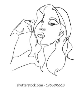 Female head silhouette drawn in one continuous line. Linear glamour logo in minimal design for hair stylist, makeup artist, beauty salon and cosmetology. Beautiful woman face. Minimal portrait girl. 