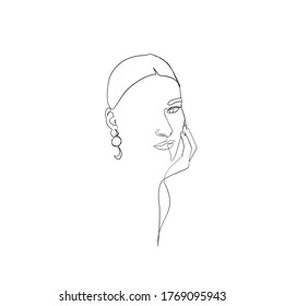 Female head silhouette drawn in one continuous line. Linear glamour logo in minimal design for hair stylist, makeup artist, beauty salon and cosmetology. Beautiful woman face. Minimal portrait girl. 