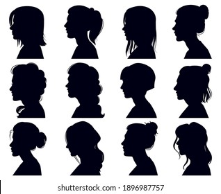 Female head silhouette. Women faces profile portraits, adult female anonymous characters face silhouettes. Girls profiles vector illustration set. Elegant beautiful ladies with hairdo