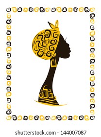 Female head silhouette for your design, ethnic ornament