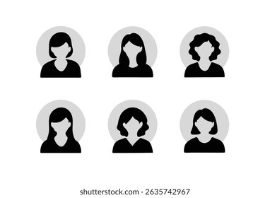 female head silhouettes avatar set. Vector illustration black person portrait head. Anonymous face profile and group icon isolated on white background