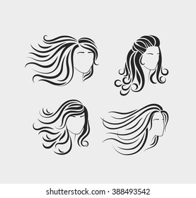 Female head silhouettes with beautiful hair. Silhouettes of beautiful womens heads with long hair