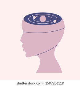 Female head with sun or star and planets instead of the brain. Human brain, creativity, imagination or mental health concept. Flat vector illustration
