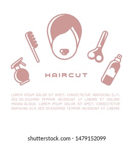 Female head surrounded by haircut tools. Flat style vector illustration