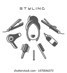 Female head surrounded by styling tools on white background. Flat style vector illustration