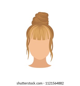 Female head with trendy hairstyle, top bun and long bang. Fashionable hairdo. Flat vector for poster of hairdressing salon