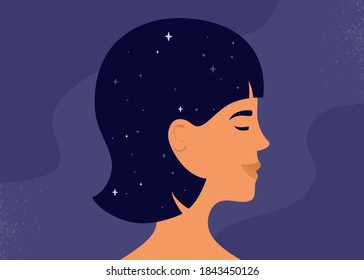 Female head with universe inside. Mental health, psychology, astrology. Mindfulness meditation or practice. Woman brain. Wellbeing, wellness mind. Girl with closed eyes. Self care vector illustration