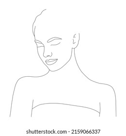 A female head with a vector drawing of a line of flowers. A style template with a female face with flowers. Modern Minimalist Simple Linear Style.