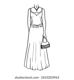 manequim sem cabeça feminina em blusa de alça de espaguete e saia longa com cinto com bolsa franja - desenho de arte de linha desenhada à mão