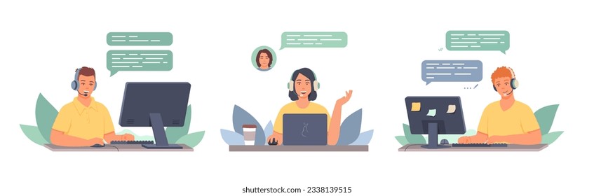 Mujeres con auriculares consultando a mujeres. Hombre charlando con el cliente. Consultas en línea. Trabajo de los operadores y consultores de los centros de llamadas. Apoyo técnico mundial. Ilustración vectorial plana