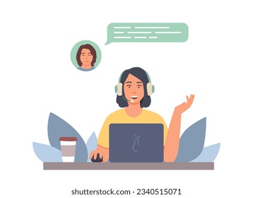 Female in headphones consulting female in office. Online consultations. Work of call center operators and consultants. Technical global support. Flat vector illustration